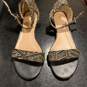 J. Crew Raffia Black and Tan Ankle Strap Sandals